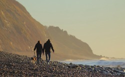 Couple walking dog on the pebble beach near town of Seaton, Devon