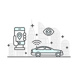 Vector Icon Style Illustration Concept of Rent a Car, Purchase a Cab, Auto Tracking, Smart Mobile App, Wireless Connection to a Vehicle, Signaling and Security