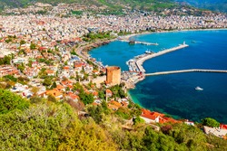 Kizil Kule or Red Tower and port aerial panoramic view in Alanya city, Antalya Province on the southern coast of Turkey