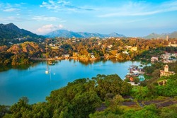Mount Abu and Nakki lake aerial panoramic view. Mount Abu is a hill station in Rajasthan state, India.
