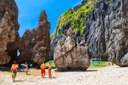 Landscape of the beautiful mountain cliff in the sea, El Nido province in Palawan island in Philippines