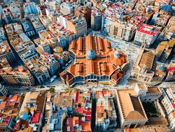 Mercado Central aerial panoramic view. Mercat Central is a public central market located in central Valencia, Spain.