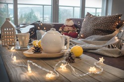 Christmas home decor and hot drink on the table