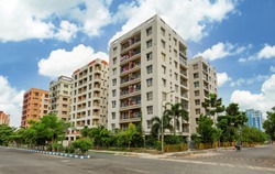 Residential multistory apartment buildings with city road at Rajarhat area of Kolkata India 