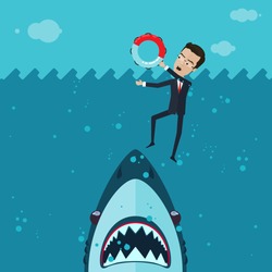 A businessman or manager fighting for his life in the ocean, in his hand a lifeline, a huge shark underwater, Vector illustration in flat, cartoon style isolated from the background, EPS 10
