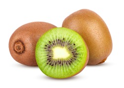 Close up of Whole kiwi fruit and sliced isolated on white background