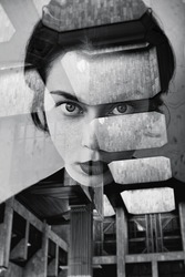 Beautiful black and white female portrait with double exposure