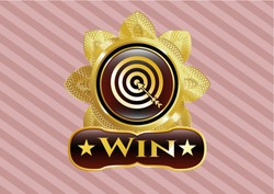  Golden emblem or badge with target, business icon and Win text inside