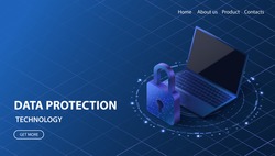 Data protection concept. Cyber security vector illustration. Laptop privacy technology. VPN protect banner.