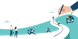Drawing a line to the goal. Businessman‘s hand draws a line leading to the business success. Business vector illustration