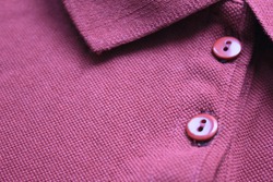 Polo Shirt Close Up with Buttoned Collar Neck of Purple, Dark Pink Color. Casual Clothes, Vivid Cotton Material T-Shirt Front View. Shopping Item for Men and Women, Modern Fashionable Casual Shirt.
