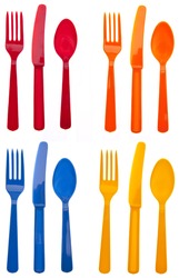 Four Sets of Vibrant Plastic Forks, Knives and Spoons in Red, Orange, Yellow and Blue.  Isolated on White with a Clipping Path.