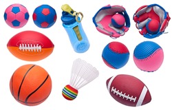 Variety of Toy Sports Objects Isolated on White.  Including Soccer Balls, Footballs, Baseballs, Baseball Glove, Shuttlecock, Basketball and Water Bottle.
