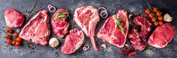 Set of various classic, alternative raw meat, veal beef steaks - chateau mignon, t-bonnet, tomahawk, striploin, tenderloin, tenderloin, new york steak. Flat lay top view on gray stone cutting table