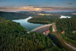 Beautiful Pilchowickie lake and the dam at sunset, Lower Silesia. Poland