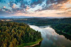 Beautiful Pilchowickie lake at sunset, Lower Silesia. Poland