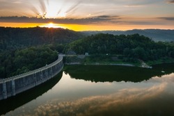 Beautiful Pilchowickie lake and the dam at sunset, Lower Silesia. Poland