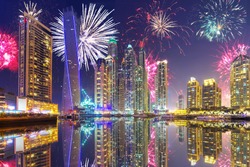 Fireworks display on the sky in Dubai city, UAE