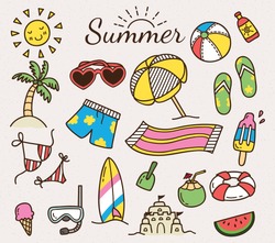 Summer vector icon in cute cartoon doodle style