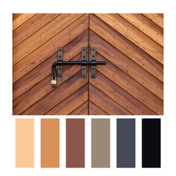 Crop view of an antique wooden locked door in a colour palette, with complimentary colour swatches
