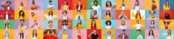 Photo set collage of faces of multiethnic diverse emotional people, men and women group different ages wearing casual clothes isolated on colorful background studio portraits. Human facial expression