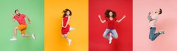 Photo set collage of four excited multiethnic expressive happy young people group wearing t-shirts having fun, jumping or fly up in air different poses isolated on colorful background studio portraits