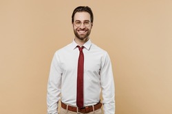 Young caucasian smiling successful employee business man corporate lawyer 20s wear classic formal white shirt red tie glasses work in office isolated on plain beige color background studio portrait