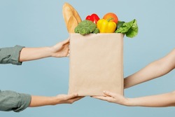 Close up cropped female hold in hand brown paper bag with food products isolated on blue color wall background studio. Delivery service from shop or restaurant concept. Copy space advertising mock up