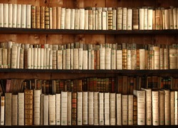 three rows of old books on a shelf