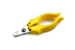 Yellow scissor dog nails trimmer isolated on white background.