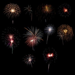 Collection of real photo 10 brightly colorful fireworks design elements Isolated on black background at fireworks festival