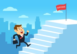 Businessman running up stairway to the top of success, Development business concept growth and the path to successful, Cartoon flat design vector illustration