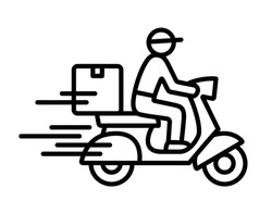 Shipping fast delivery man riding motorcycle icon symbol, Pictogram flat outline design for apps and websites, Track and trace processing status, Isolated on white background, Vector illustration