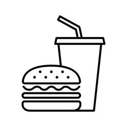 Hamburger and soft drink cup, Fast food icon, Outline flat design on white background, Vector illustration