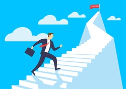 Businessman running up stairway to the top of mountain, Business concept growth and the path to success, Flat design vector illustration