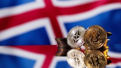Bitcoin BTC or Ethereum ETH coins crypto currency money of the future. United Kingdom of Great Britain flag on background. Concept of economic crisis. 