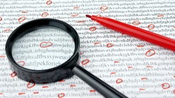 Cipher encryption code or data encrypt with magnifying glass and red pen