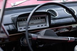 dashboard, car interior, automatic tachometer of an old red car