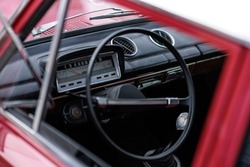 dashboard, car interior, automatic tachometer of an old red car