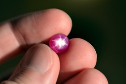 Natural 6 rays star loose red ruby oval cabochon gemstone holded in hand fingers on bright sunny day light. Heated lead glass filled ruby gem. Precious gemstone, corundum Al2O3 Aluminium oxide formula