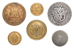 Vintage buttons isolated: British army suffolk regiment soldier's brass Gibraltar, Latvian Military, USSR communication ministry sickle hammer lightning, German tunic WW2, fireman small button.