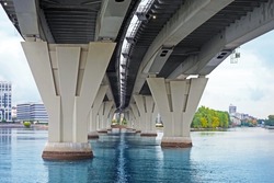 Bridge piers, perspective in St Petersburg, Russia. Bottom view of concrete pillars of the bridge over the river