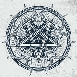 Stylish pentagram with goat skulls and star rays. Vector hand crafted illustration on grunge background. Good for posters, stickers, t-shirt prints, banners. 