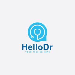Medical care logo design. Hello doctor abstract vector. Bubble chat and stethoscope icon symbol.
