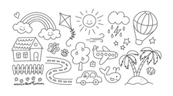 Children drawings set. Kids doodle. Hand drawn road with car and cute house. Sand island and palm trees. Smiling sun, cloud and rainbow. Editable stroke. Vector illustration on white background.