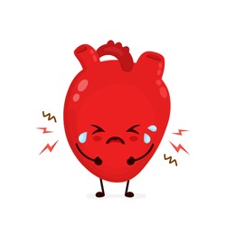 Sad suffering sick crying cute heart character. Vector flat cartoon kawaii illustration icon design. Isolated on white backgound. Heart attack,broken,sick,paun,ache concept