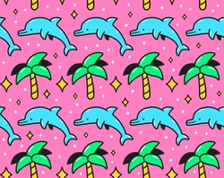 90s pink retro vintage palm and  jump dolphin seamless pattern. Vector cartoon doodle character illustration wallpaper design. 90s,80s,dolphin,palm print for poster,t-shirt seamless pattern concept
