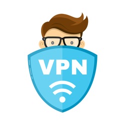 VPN protect safety concept. Man and save internet security wifi sign emblem shield. Vector flat modern style illustration character icon design. Isolated on white background