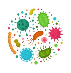 Bacterial microorganism in a circle.Bacteria and germs colorful set,micro-organisms disease-causing,bactery cell cancer germ,bacteria,viruses,fungi, protozoa,probiotic.Vector flat cartoon illustration