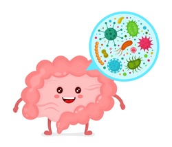Microscopic bacterias.Microflora,viruses in Intestine.Vector flat illustration icon cartoon character.Healthy large intestine microflora.Digest,microbiome,colon,probiotic,gut,canal face